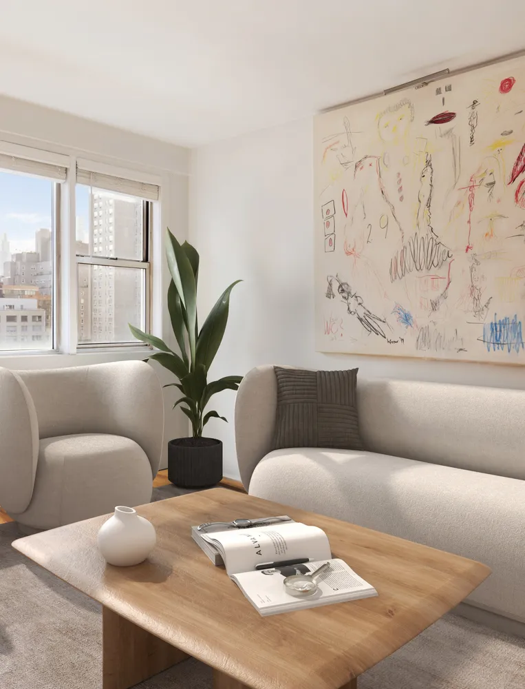a living room with furniture flowerpot and a potted plant
