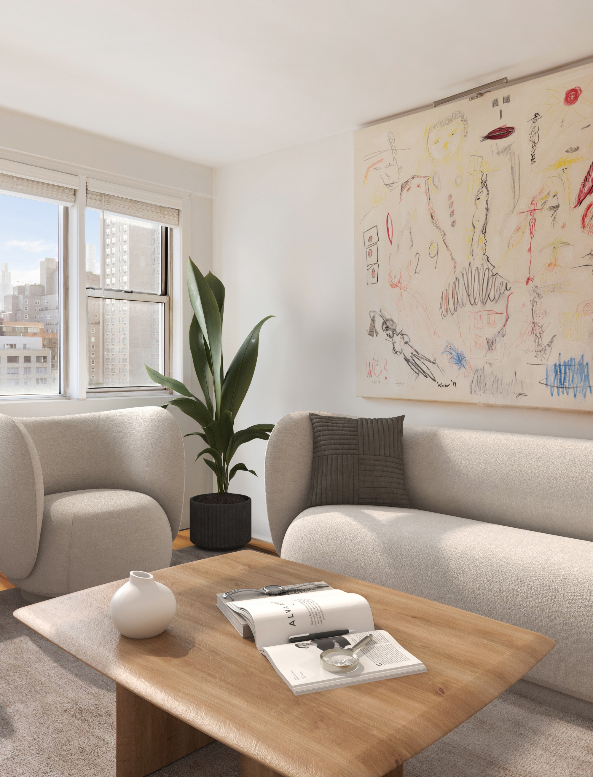 525 East 82nd Street, Unit 12E Manhattan, NY 10028 - Photo 3 of 29 a living room with furniture flowerpot and a potted plant