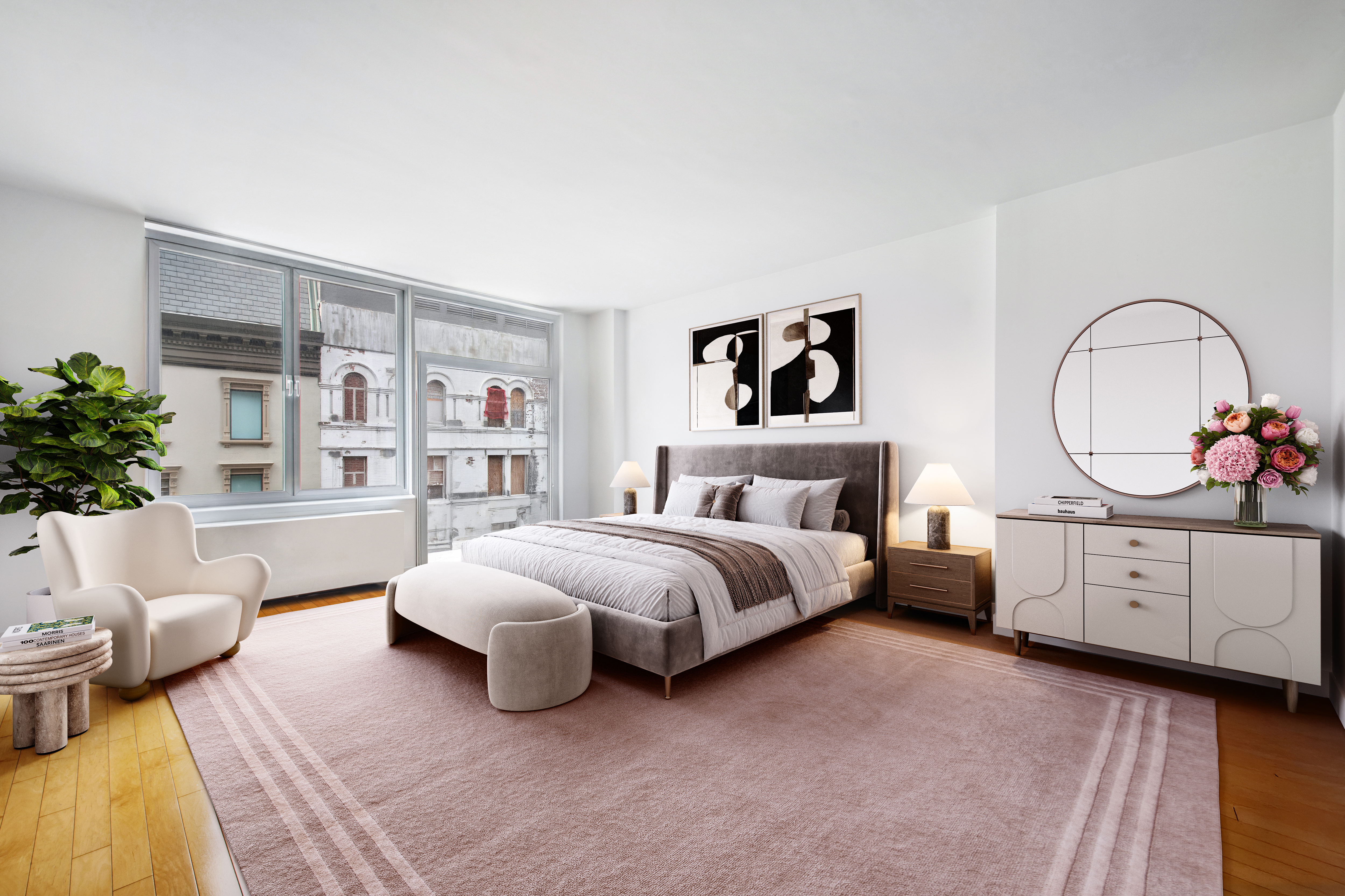 151 West 17th Street, Unit 5A Manhattan, NY 10011 - Photo 4 of 11 a spacious bedroom with a bed a couch and potted plant