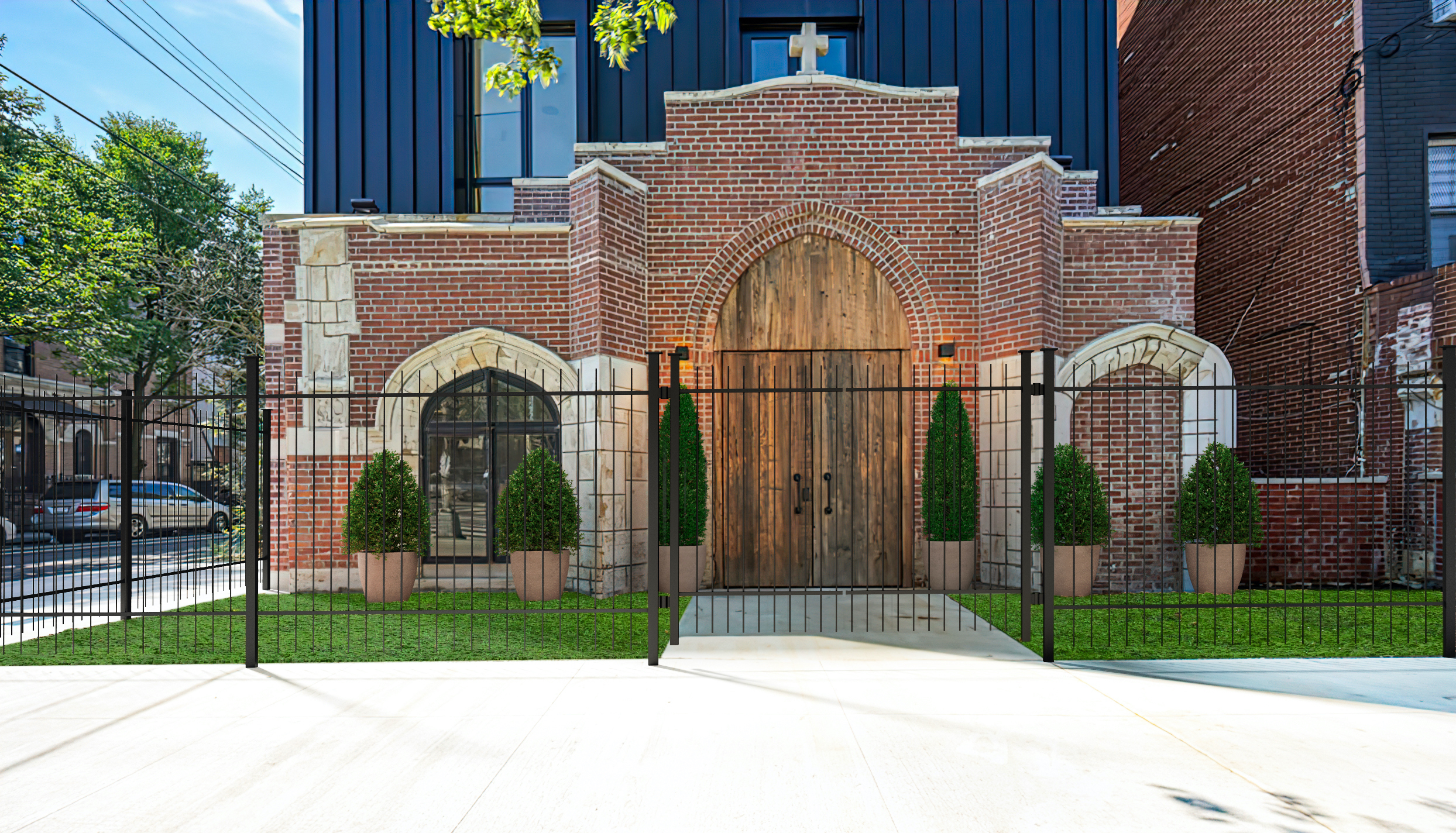 459 Harman Street, Unit 1 Manhattan, NY 10026 - Photo 15 of 17 a view of a brick house with a small yard and a large parking space