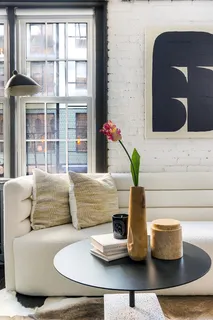 a living room with furniture and a potted plant