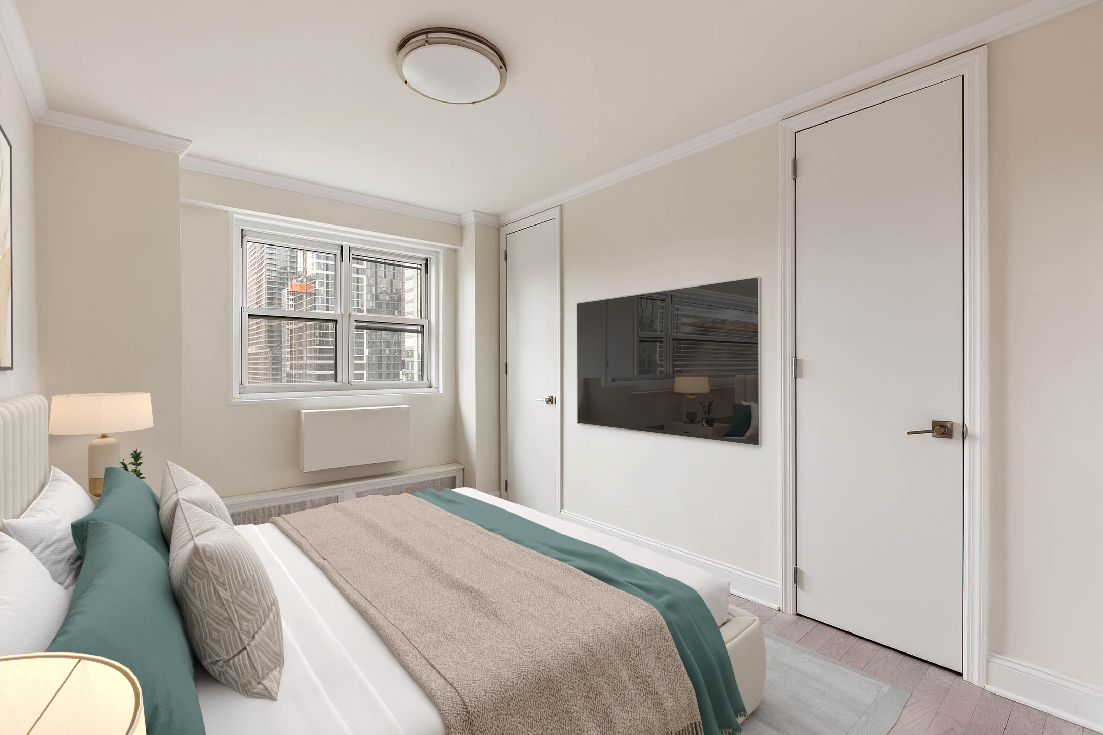 122 Ashland Place, Unit 15B Brooklyn, NY 11201 - Photo 6 of 15 a bedroom with a bed and a television