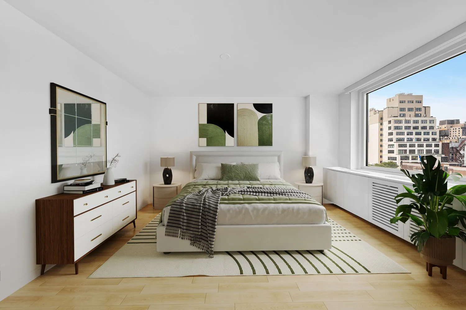 a bedroom with a bed and a potted plant