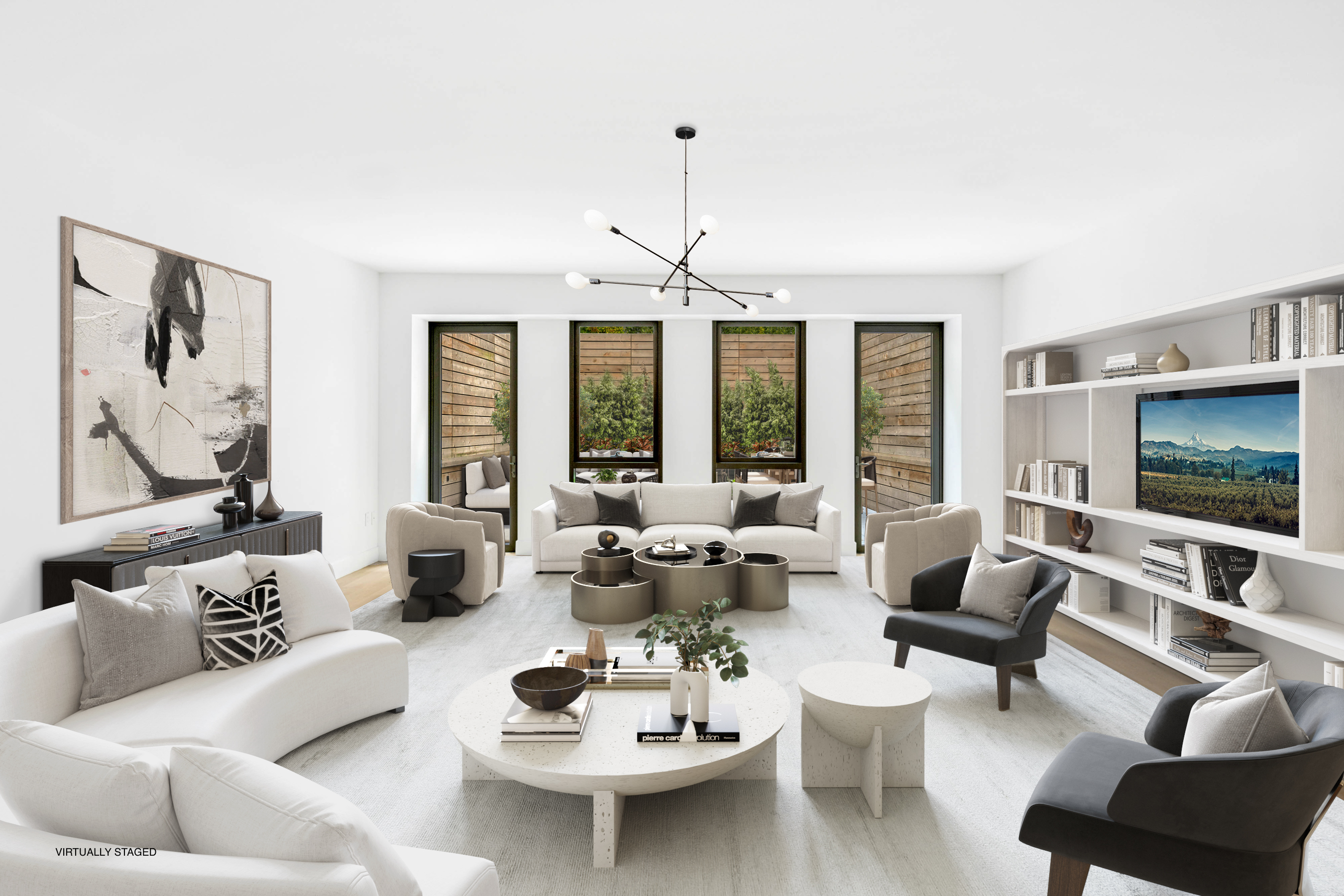 a living room with furniture large window and flat screen tv