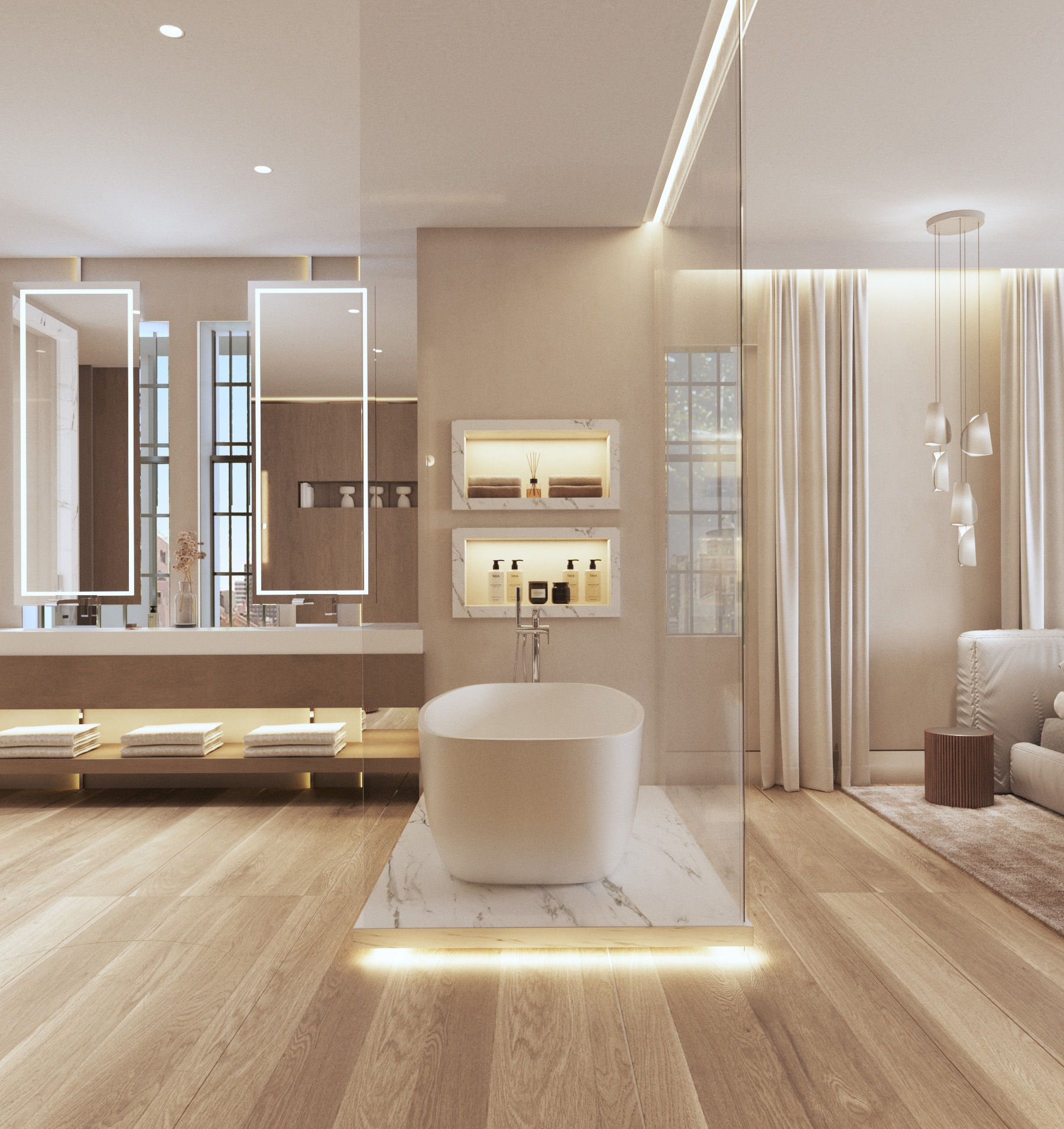 45 East 66th Street, Unit 4NW Manhattan, NY 10065 - Photo 7 of 29 a spacious bathroom with a double vanity sink and a large mirror