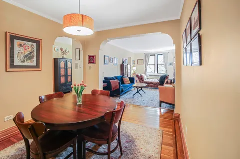 a view of a dining room with furniture