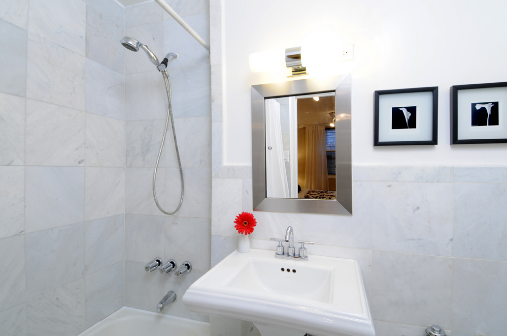 165 Christopher Street, Unit LS Manhattan, NY 10014 - Photo 4 of 12 a bathroom with a sink a mirror and shower