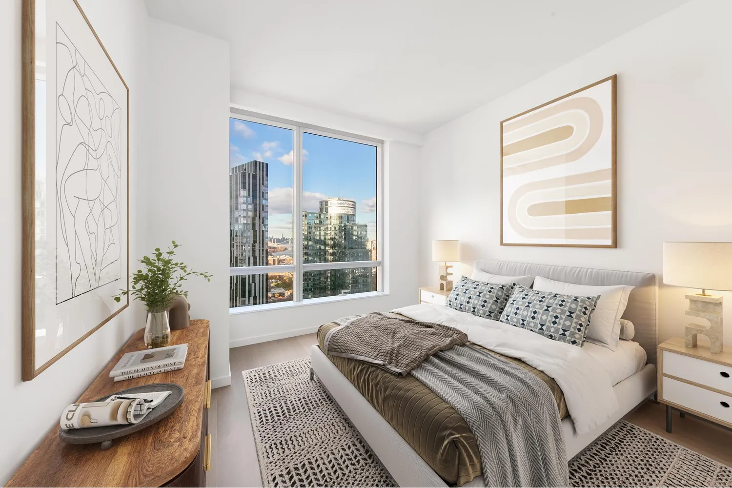 a bedroom with a bed and a large window with garden view