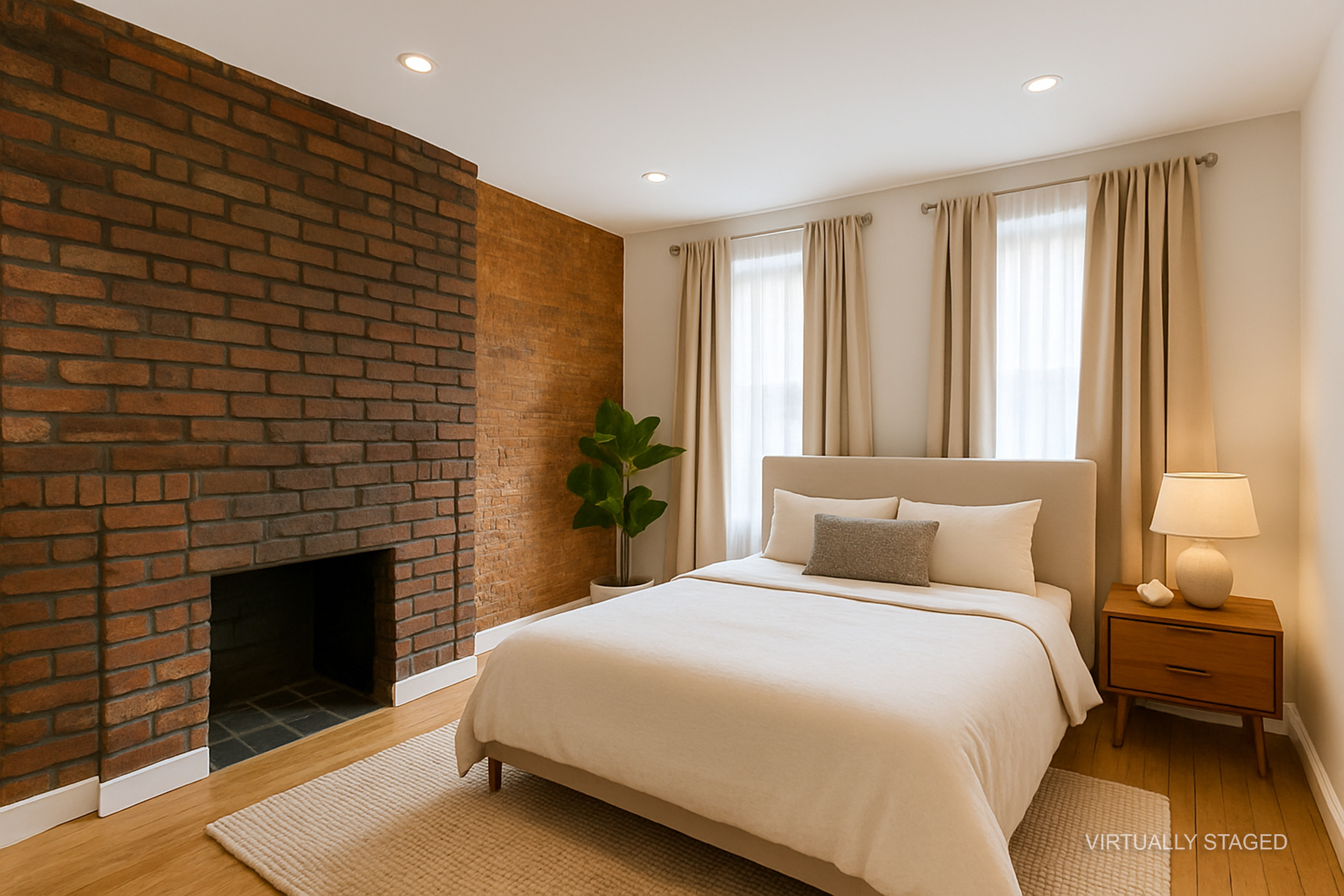 a bedroom with a bed and a fireplace