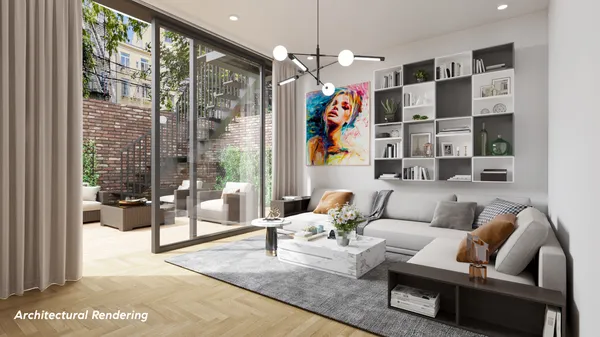 a living room with furniture and a floor to ceiling window
