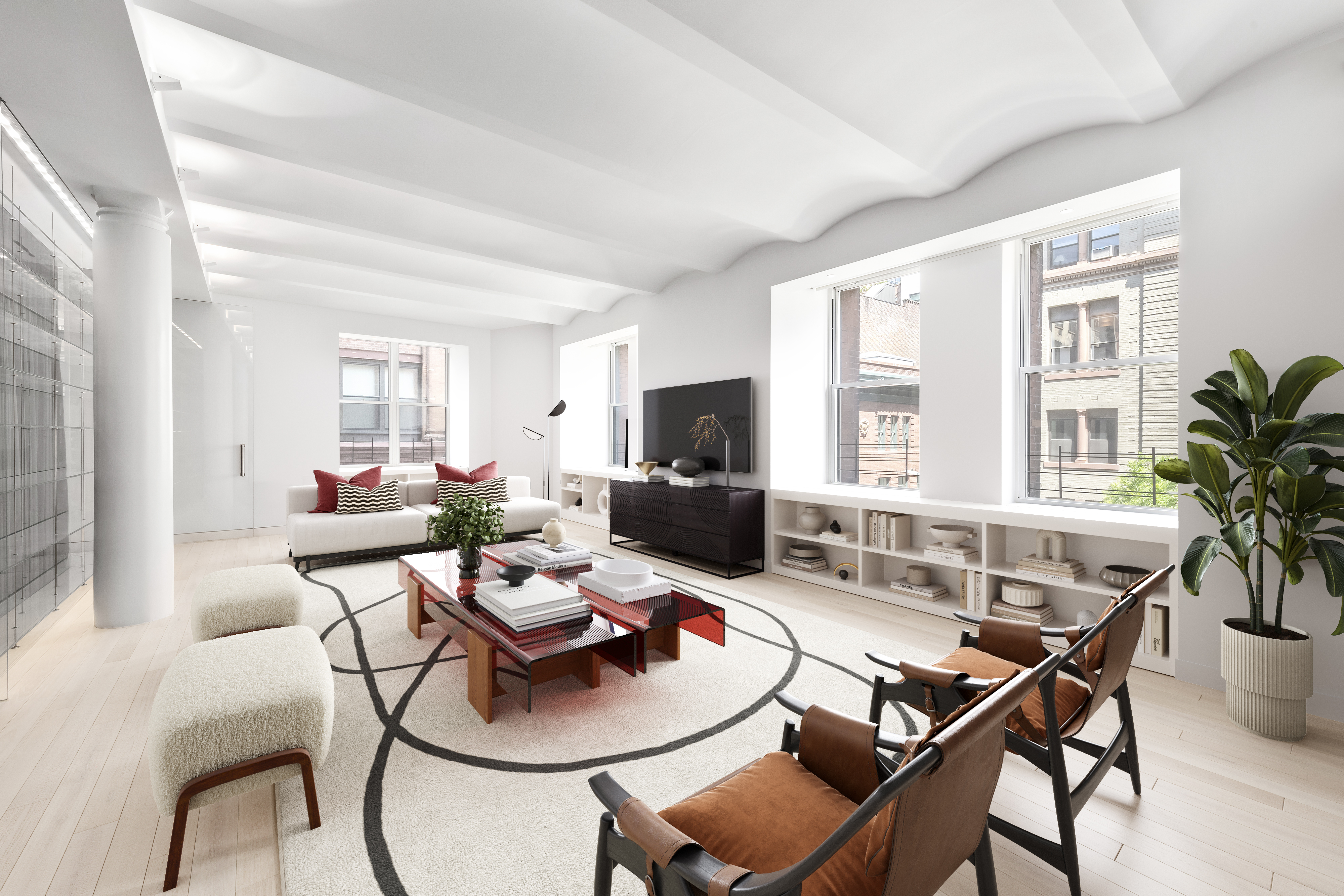 55 Hudson Street, Unit 3BCD Manhattan, NY 10013 - Photo 9 of 21 a living room with furniture a flat screen tv and a large window