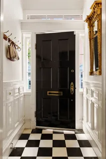 front view of a black and white checkered floor