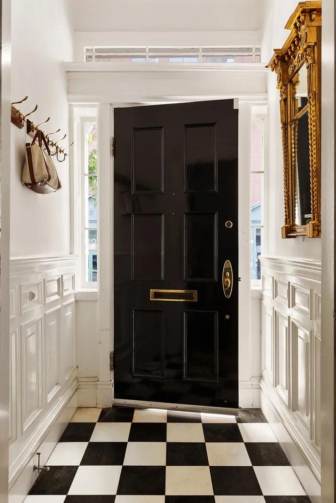 front view of a black and white checkered floor