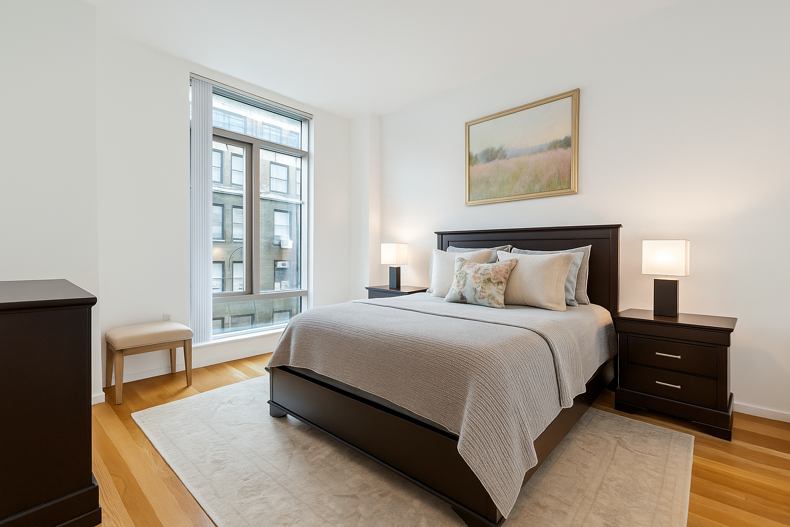 18 West 48th Street, Unit 17C Manhattan, NY 10036 - Photo 3 of 5 a bedroom with a bed and wooden floor