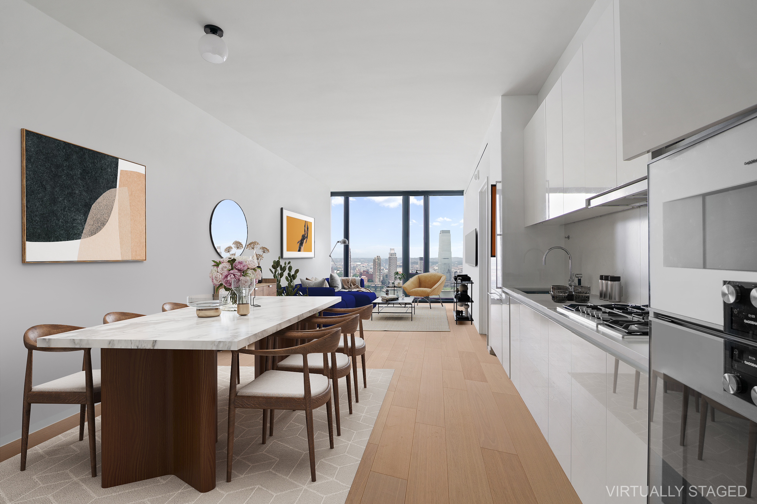 695 1st Avenue, Unit 31C Manhattan, NY 10016 - Photo 3 of 27 a kitchen with a sink a stove and chairs