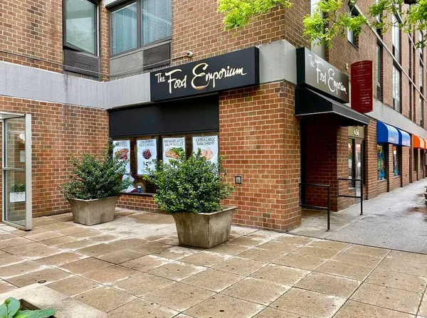a view of a street with potted plants