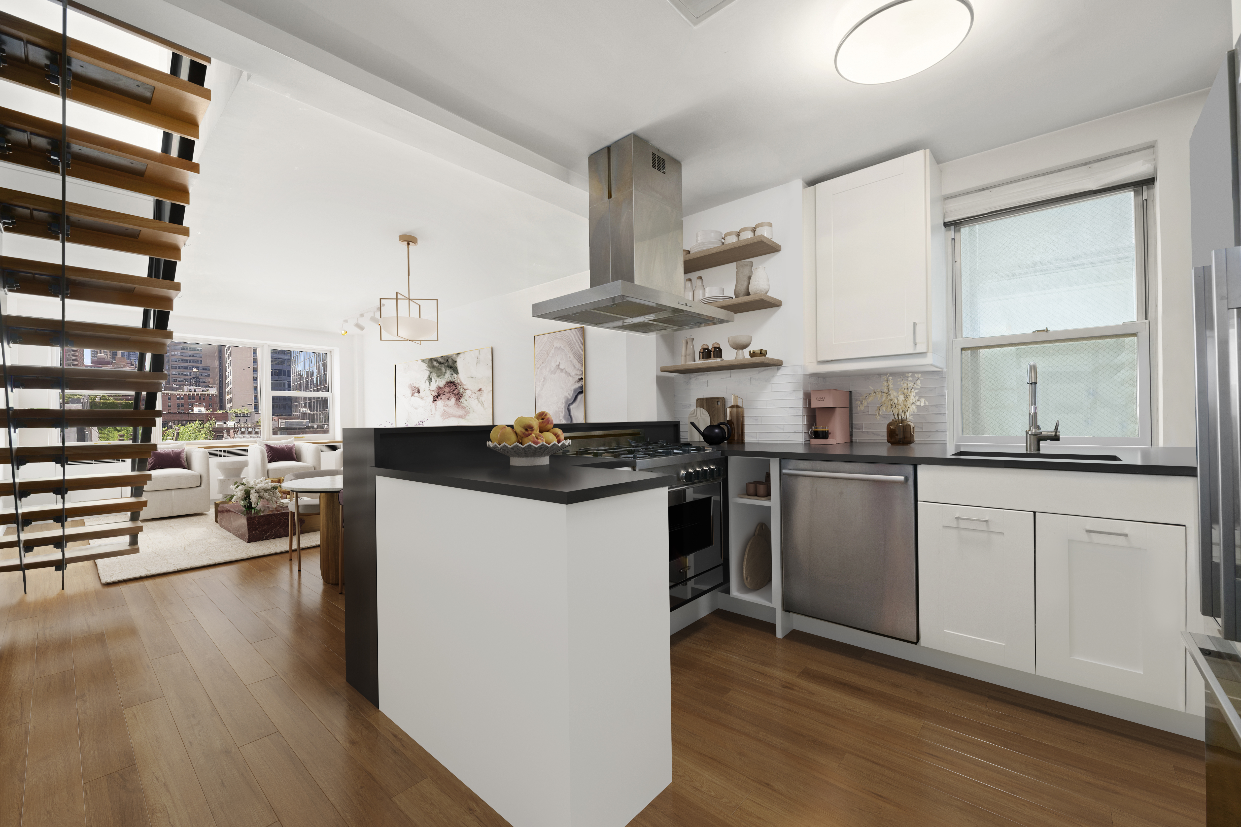 221 East 50th Street, Unit 6D/7D Manhattan, NY 10022 - Photo 7 of 19 a kitchen with stainless steel appliances a sink a stove and wooden floor