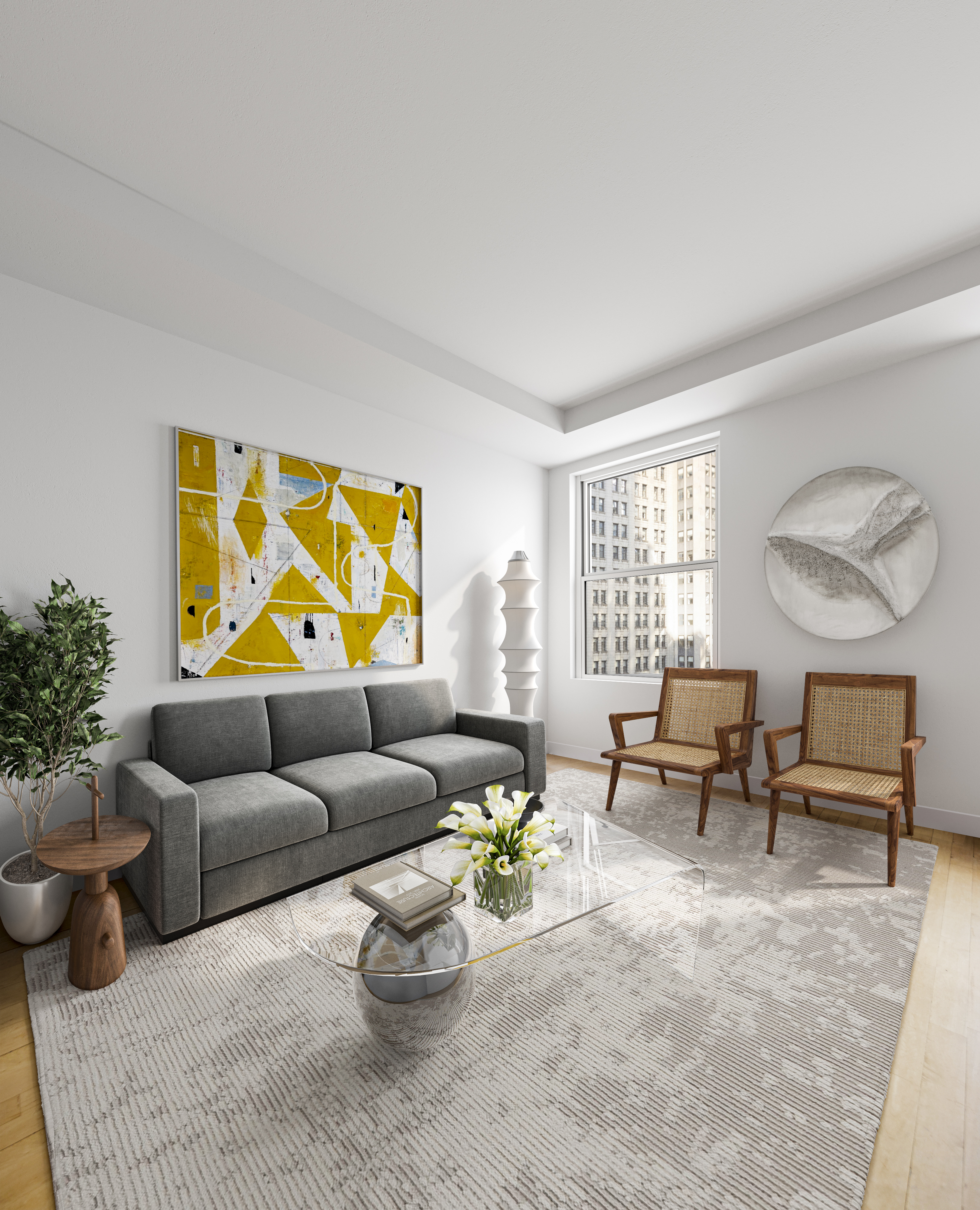 15 Broad Street, Unit 2108 Manhattan, NY 10005 - Photo 2 of 22 a living room with furniture and a large window