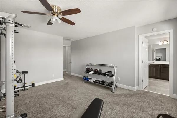 a aerial view of a house with large trees