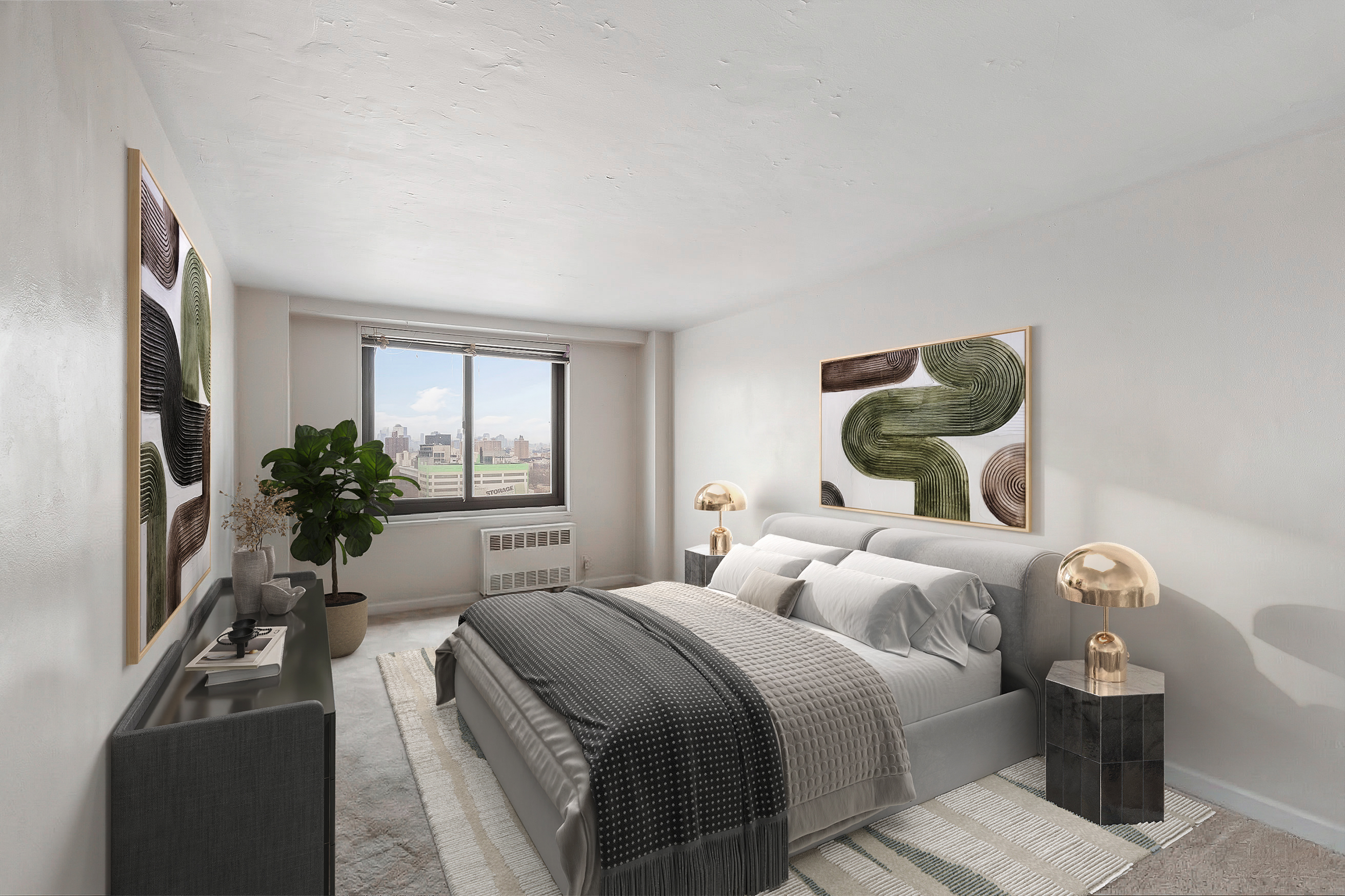 185 Hall Street, Unit 1514 Brooklyn, NY 11205 - Photo 6 of 13 a bedroom with bed and a potted plant