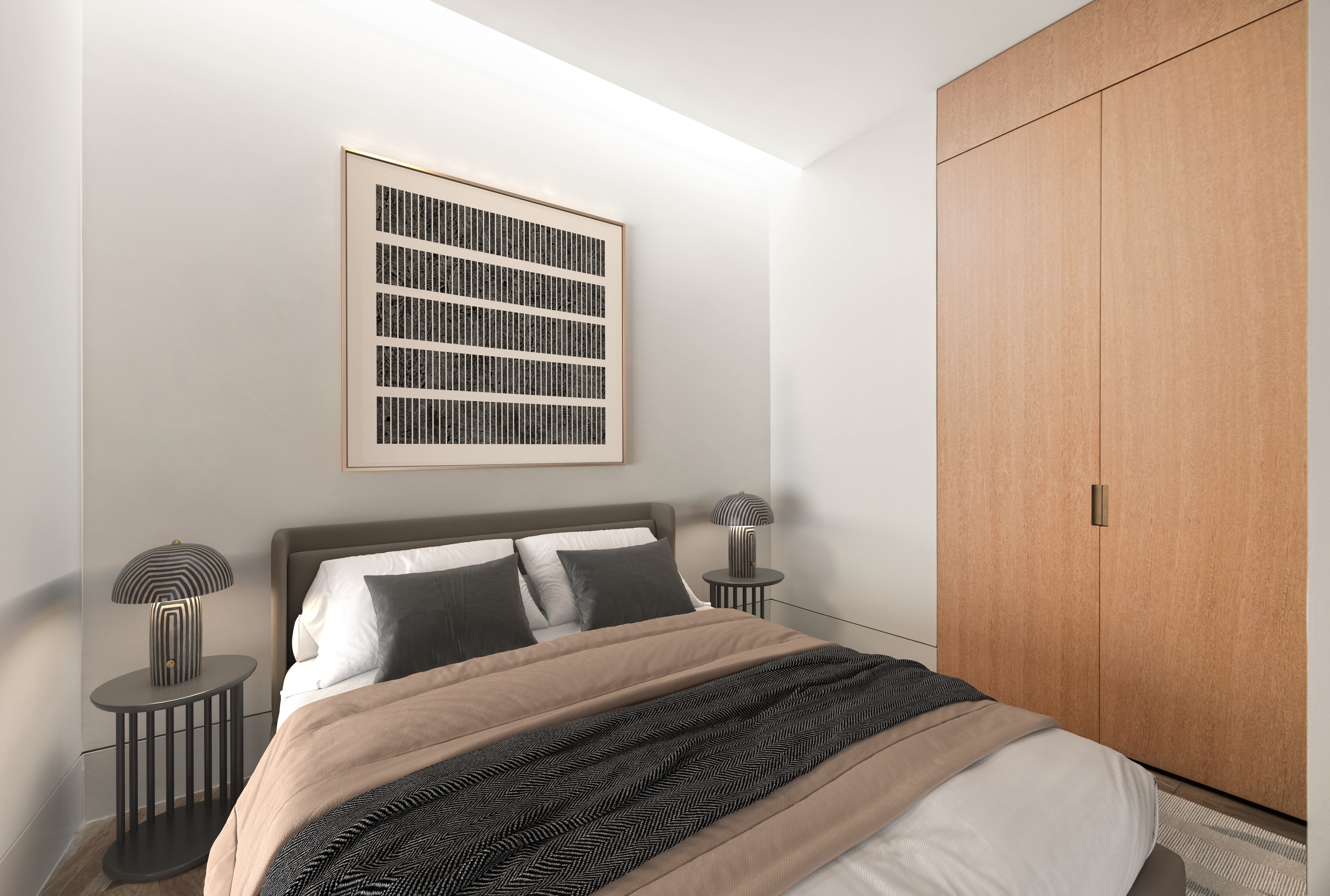 49 Chambers Street, Unit 9G Manhattan, NY 10007 - Photo 7 of 28 a bedroom with a bed and wooden floor