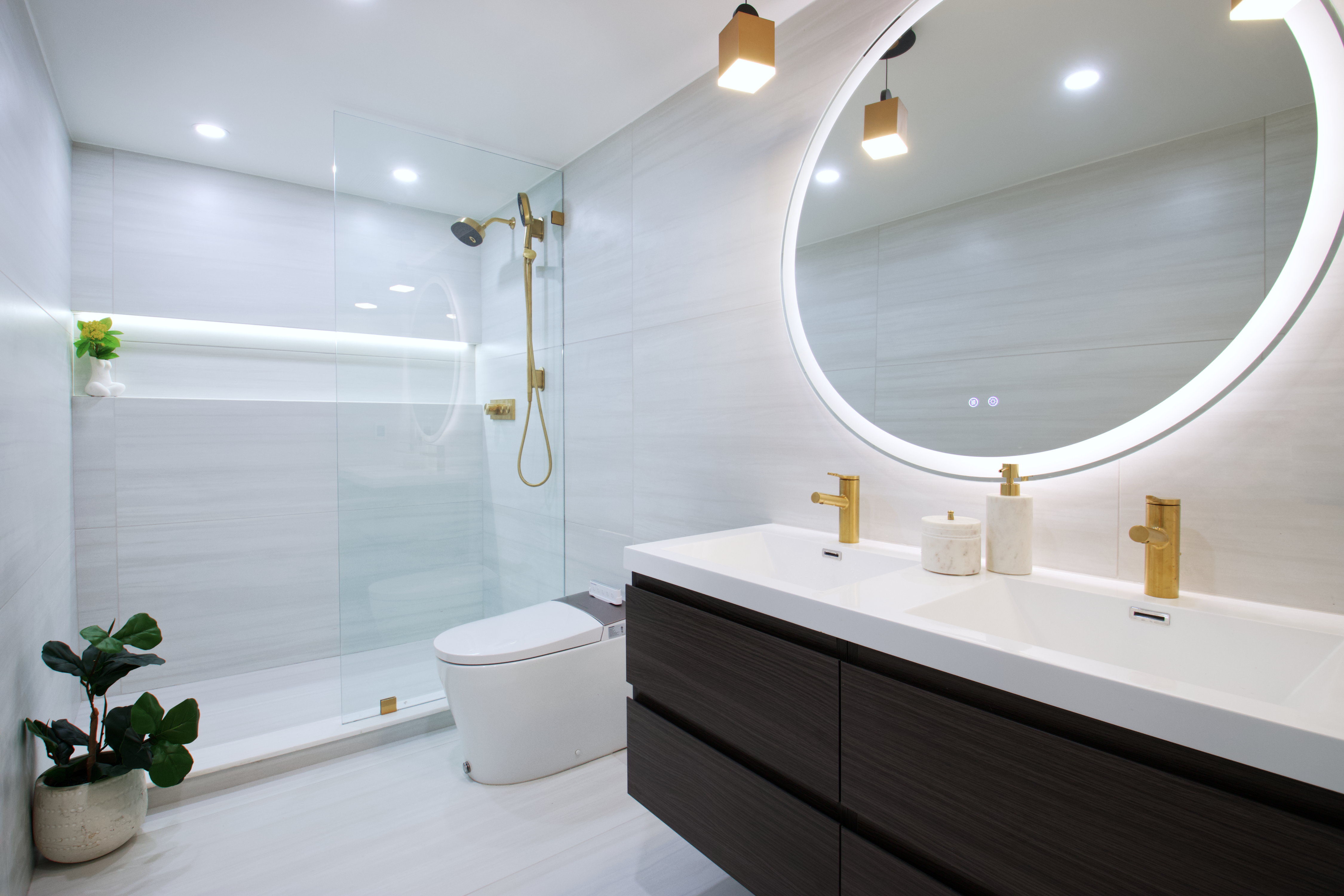 255 Macon Street Brooklyn, NY 11216 - Photo 7 of 36 a bathroom with a double vanity sink toilet and a mirror