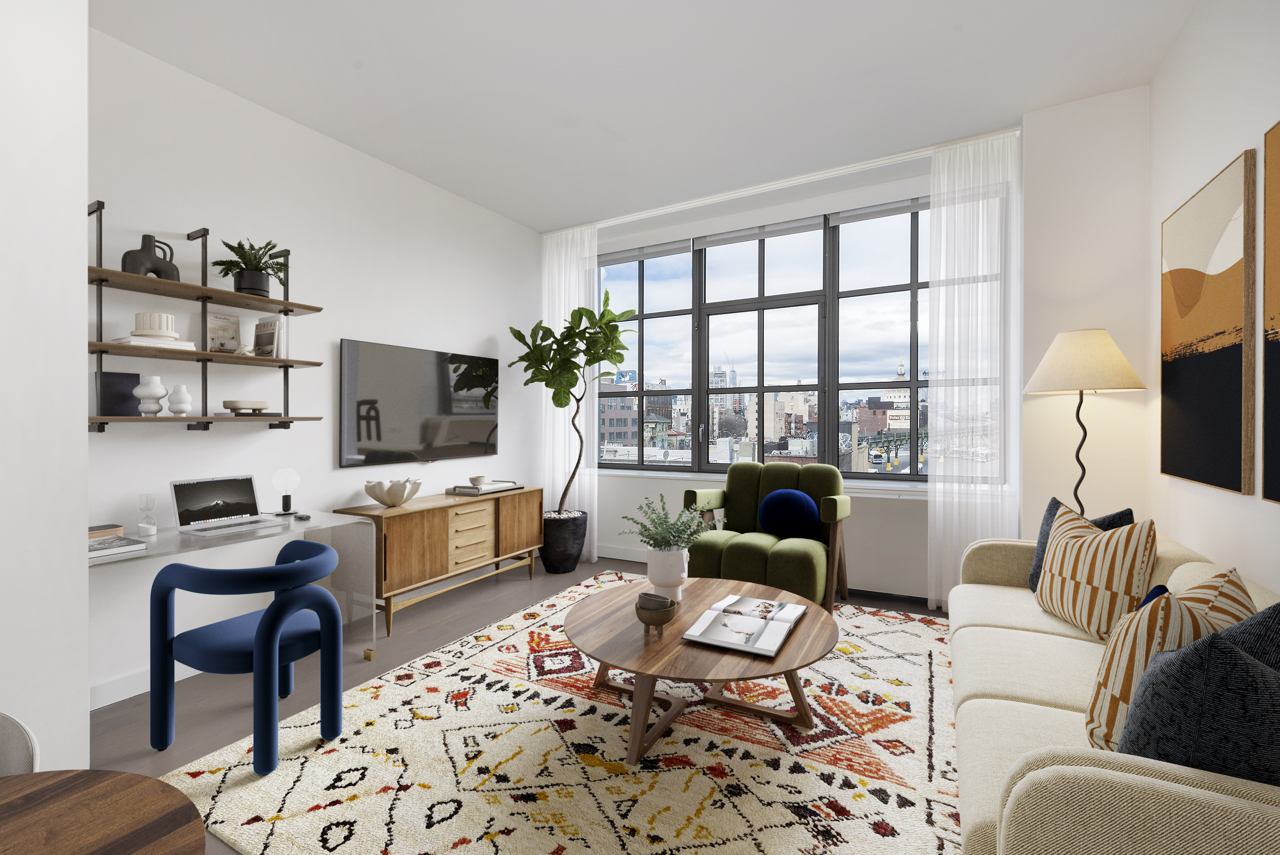282 South 5th Street, Unit 7F Brooklyn, NY 11211 - Photo 1 of 16 a living room with furniture fireplace and a flat screen tv
