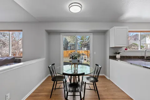 a view of a dining room with furniture window and outside view