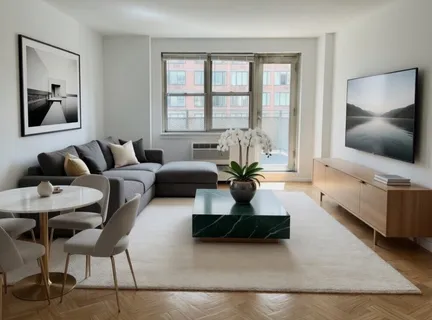a living room with fireplace furniture and a flat screen tv