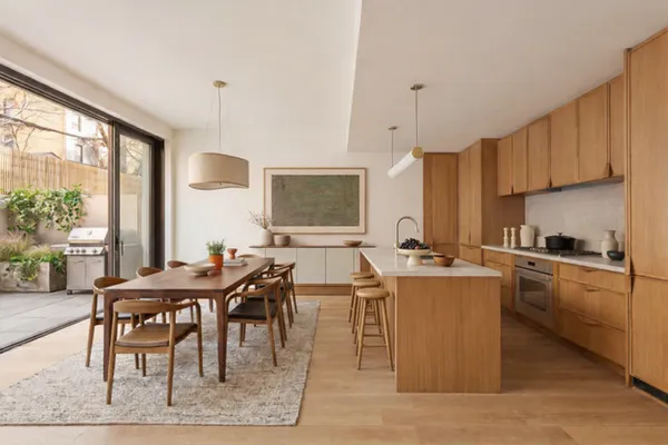 a view of a dining room with furniture