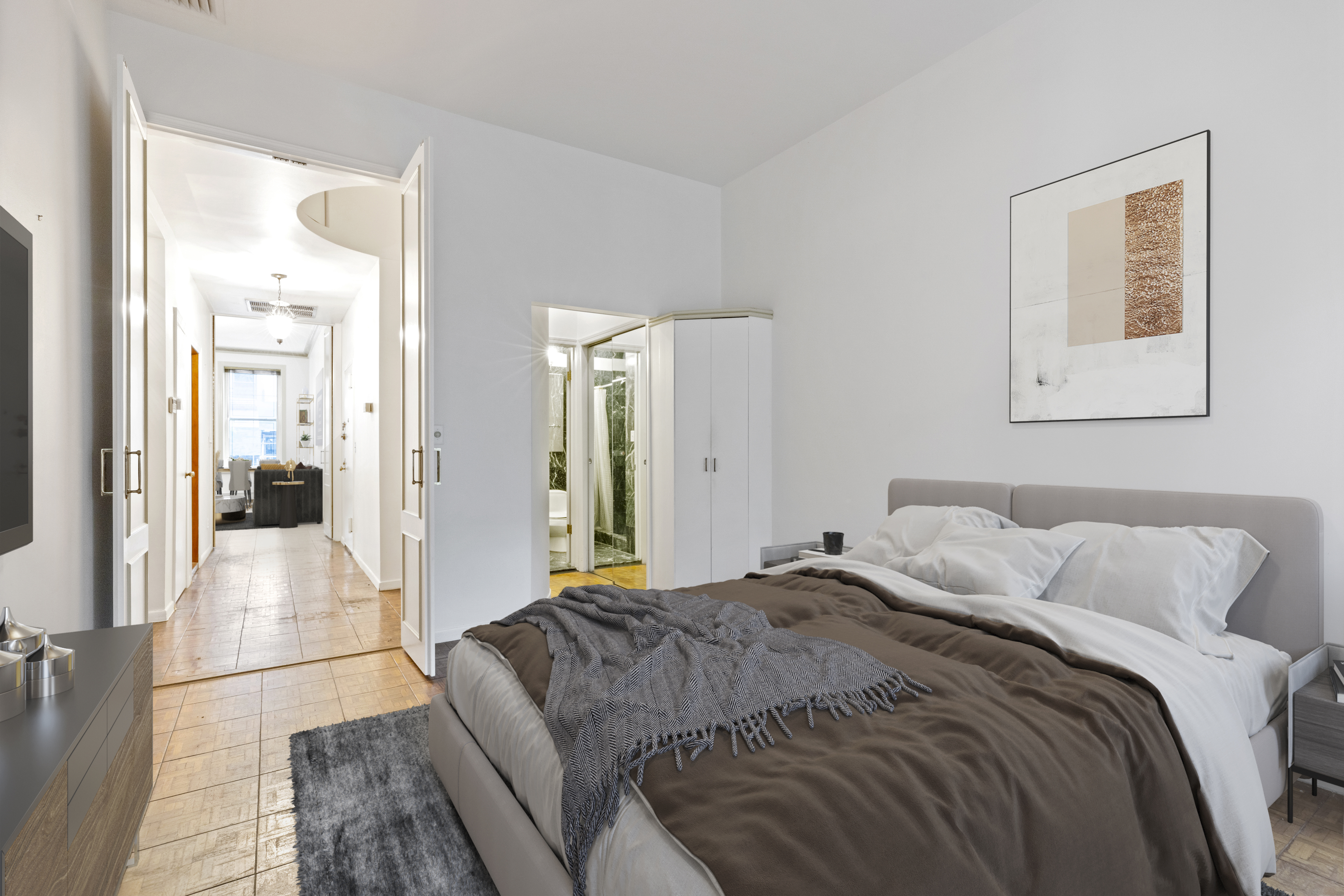 136 East 30th Street, Unit DUPLEX Manhattan, NY 10016 - Photo 7 of 26 a bedroom with a bed and glass door