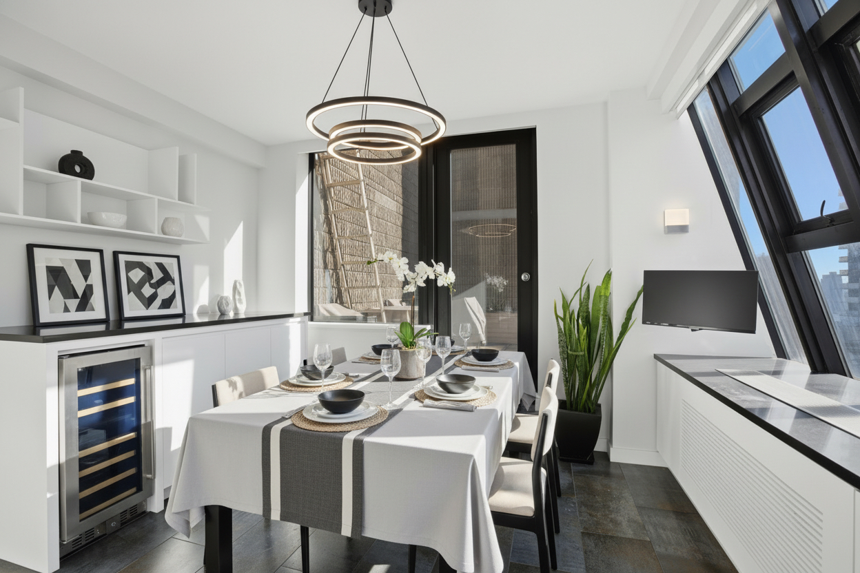 309 East 49th Street, Unit 21A Manhattan, NY 10017 - Photo 8 of 18 a view of a dining room with furniture and chandelier