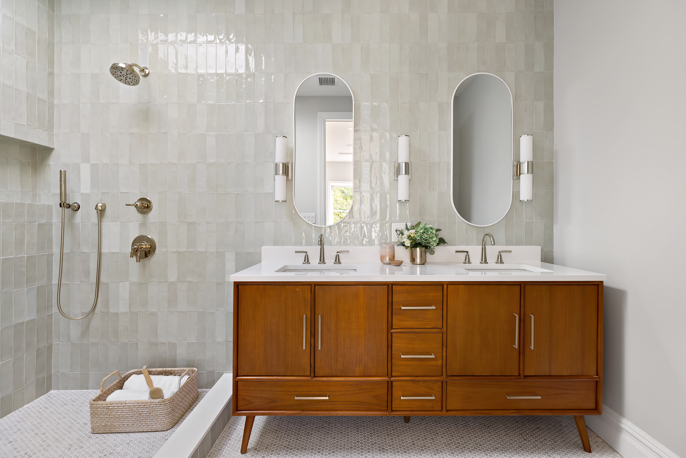 1433 Dean Street Brooklyn, NY 11213 - Photo 11 of 18 a bathroom with a double vanity sink a mirror and a bathtub