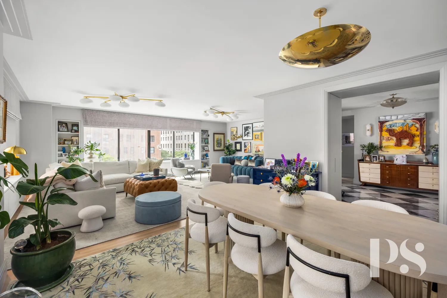 a view of a dining room with furniture window and outside view