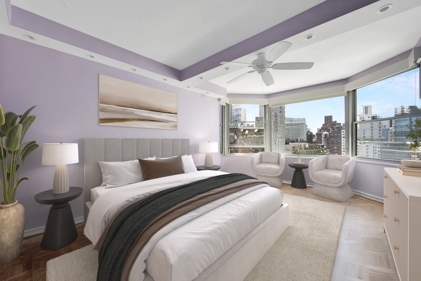 300 East 74th Street, Unit 14F Manhattan, NY 10021 - Photo 9 of 13 a bedroom with a large bed and a balcony