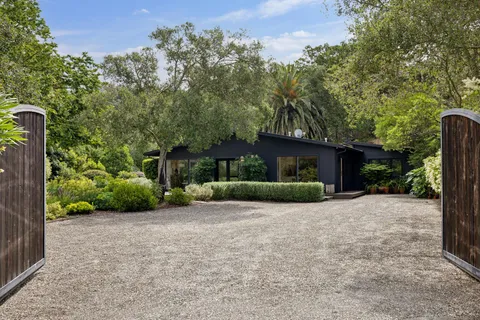 a view of a house with a yard and potted plants