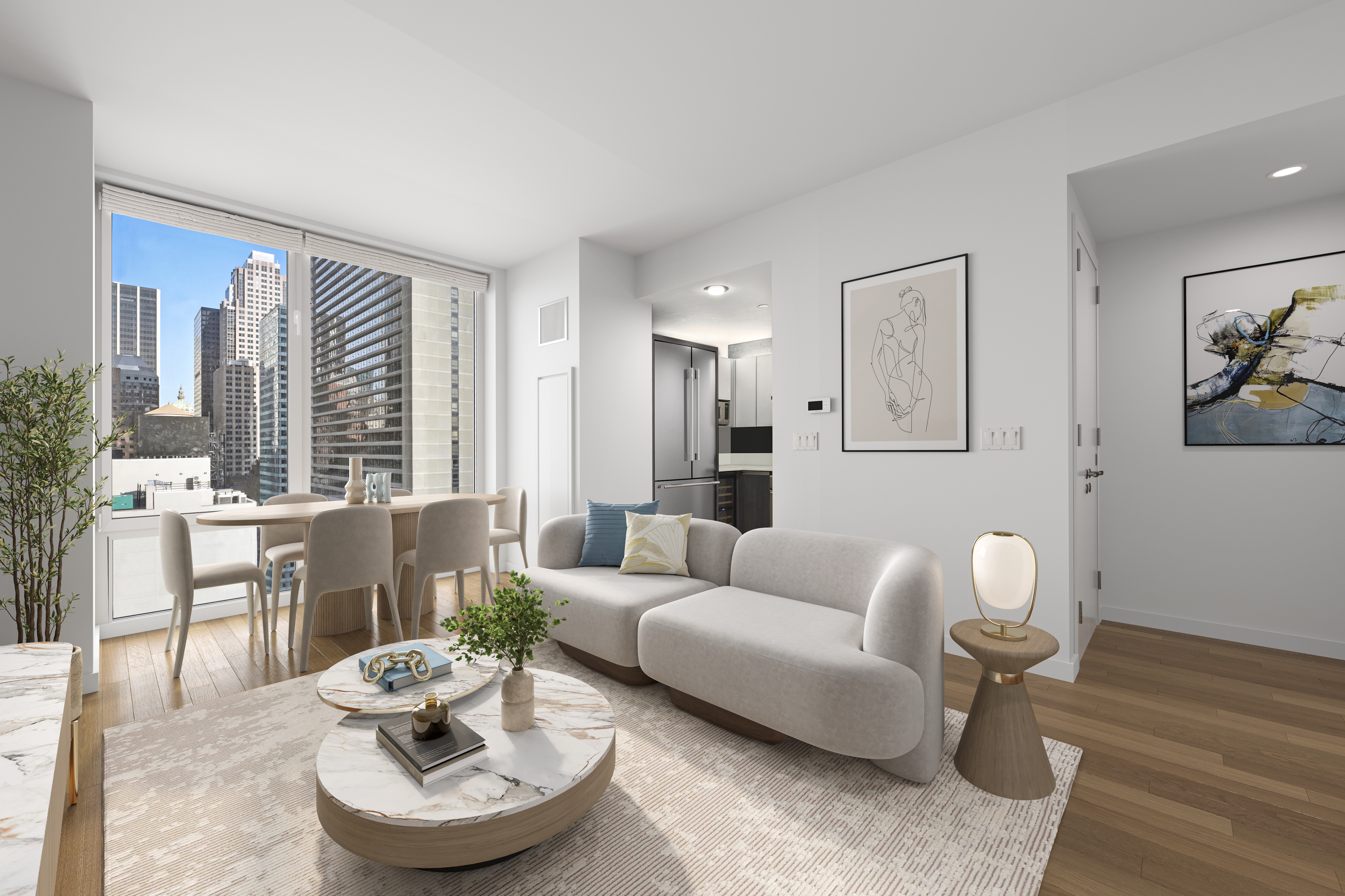247 West 46th Street, Unit 2305 Manhattan, NY 10036 - Photo 3 of 13 a living room with furniture and a large window