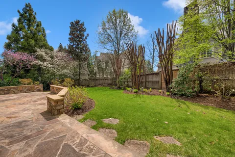 a view of a backyard with fountain plants and large trees