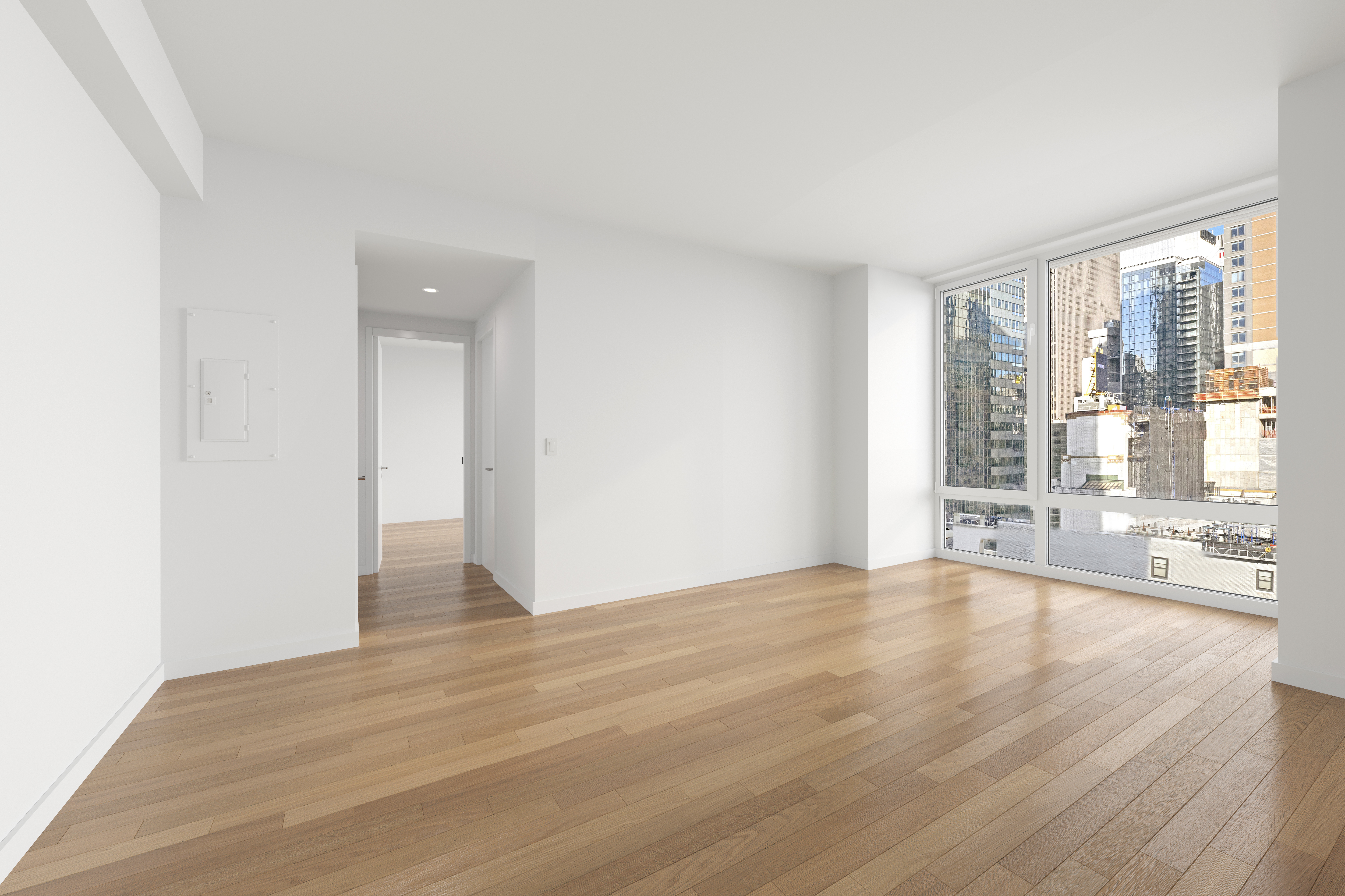 247 West 46th Street, Unit 2305 Manhattan, NY 10036 - Photo 2 of 13 a view of an empty room with wooden floor and a window