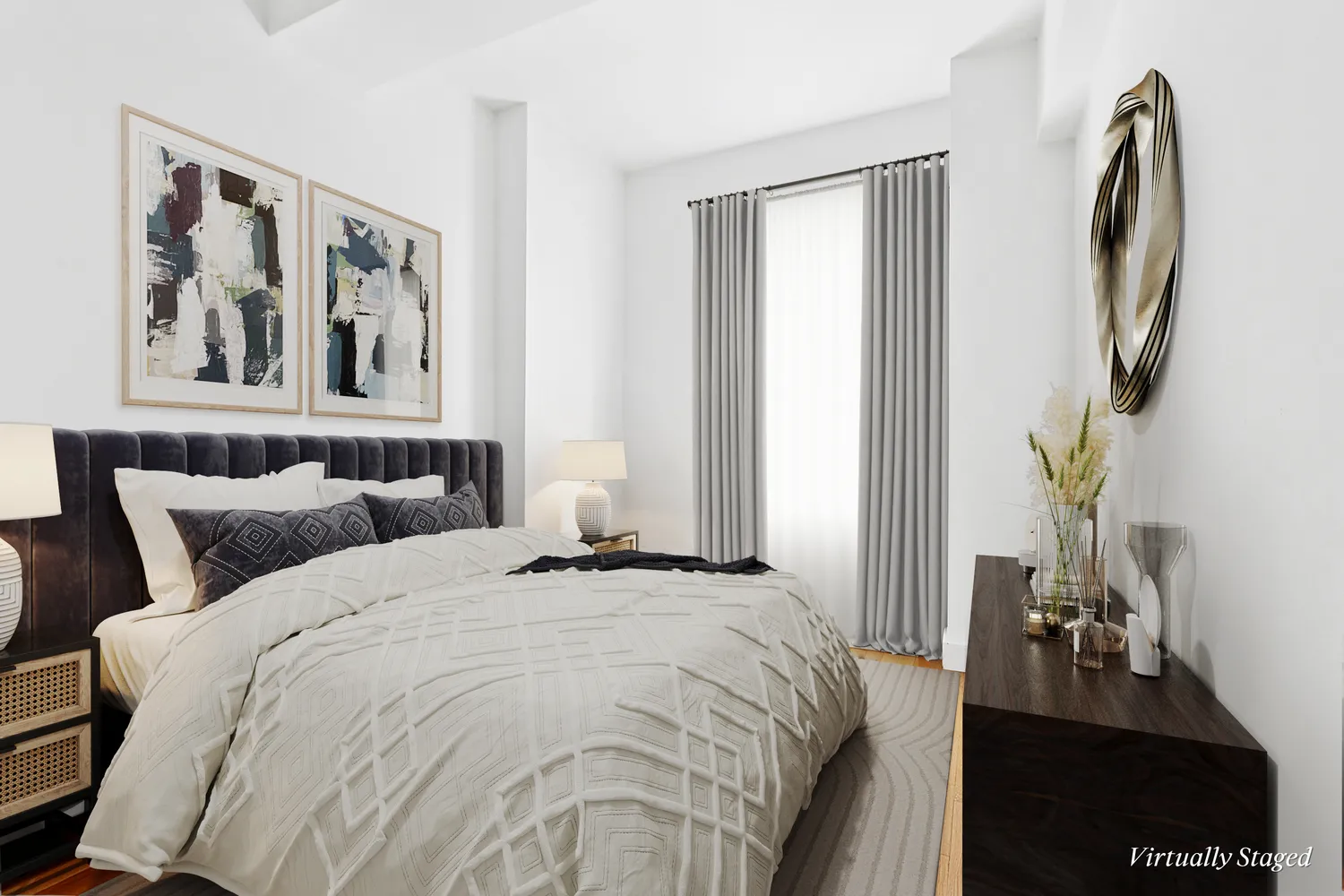 a bedroom with bed and wooden floor