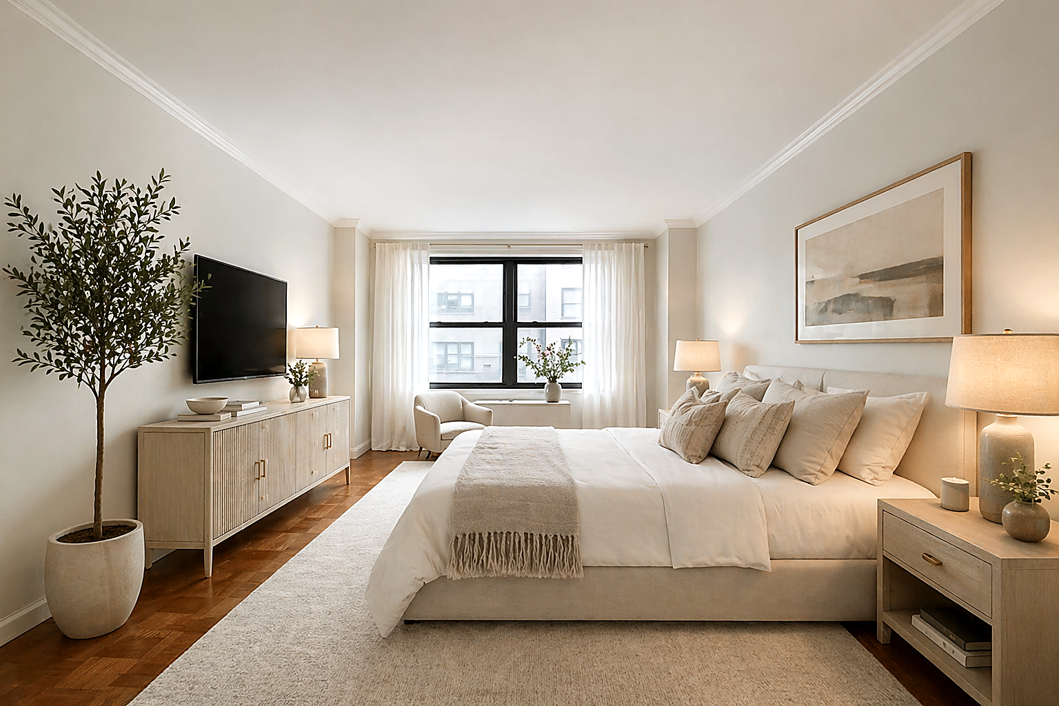 225 East 57th Street, Unit 5K Manhattan, NY 10022 - Photo 5 of 11 a bedroom with a large bed and a flat screen tv