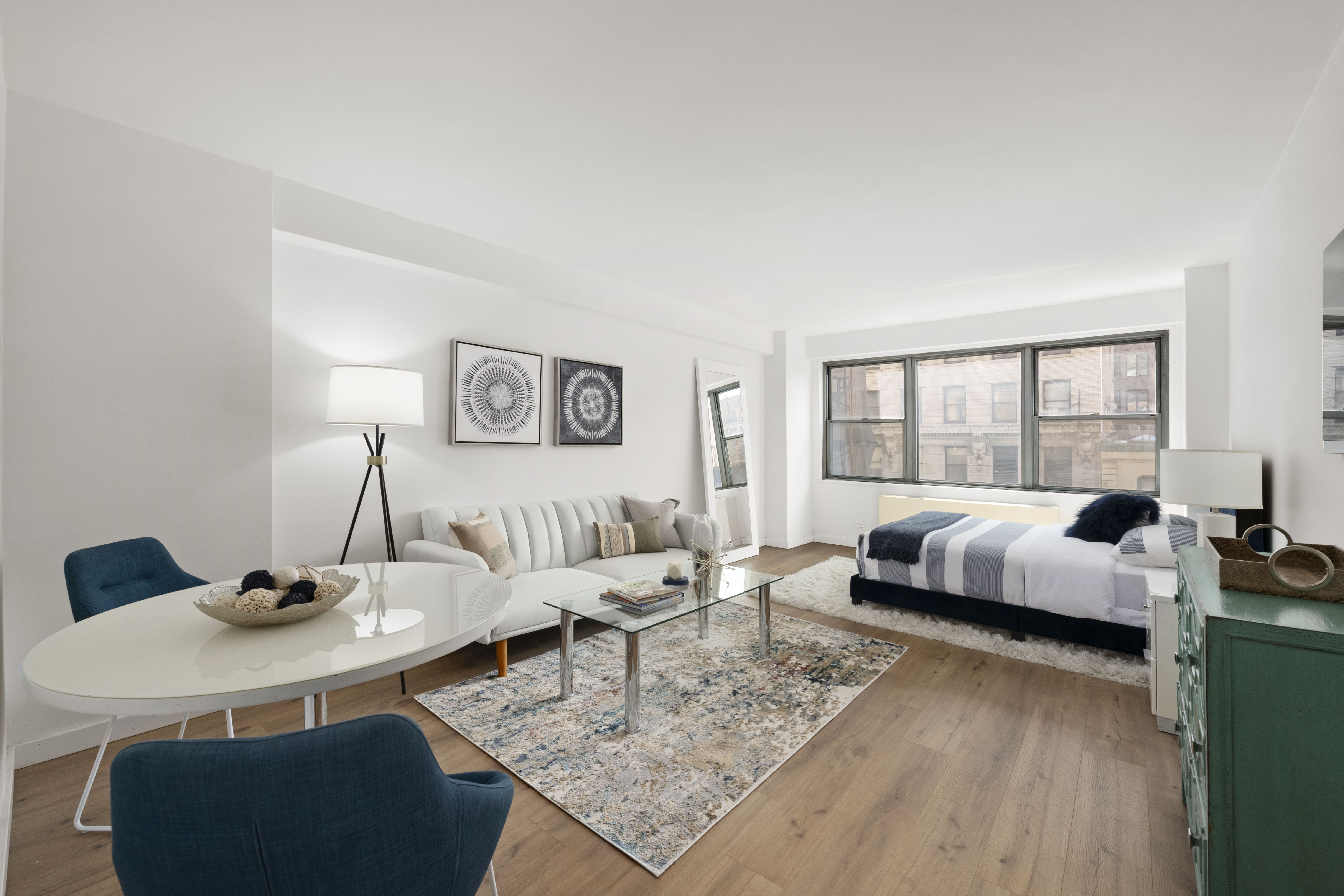 a living room with furniture and a table