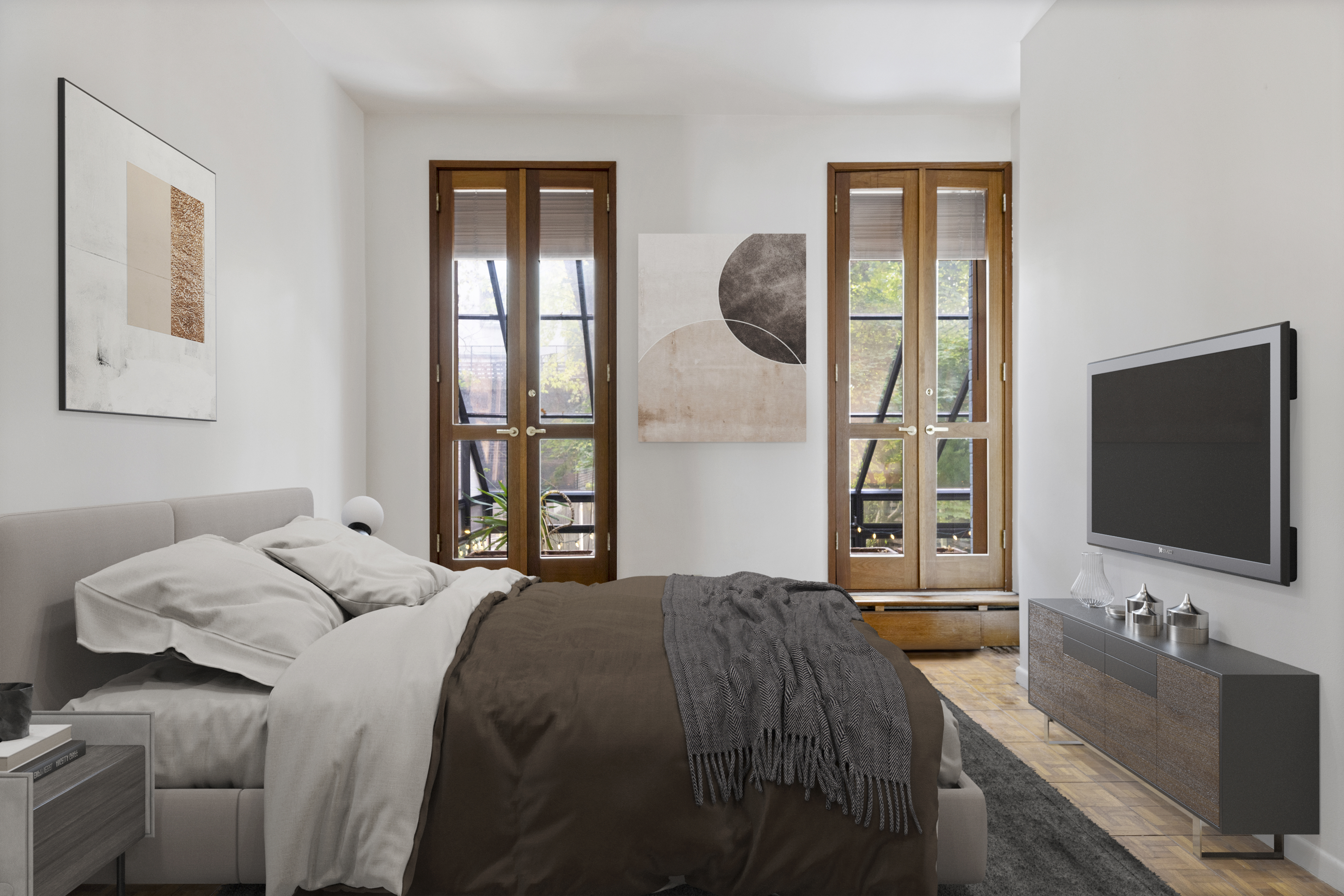 136 East 30th Street, Unit DUPLEX Manhattan, NY 10016 - Photo 6 of 26 a bedroom with a bed and a flat tv screen on dresser