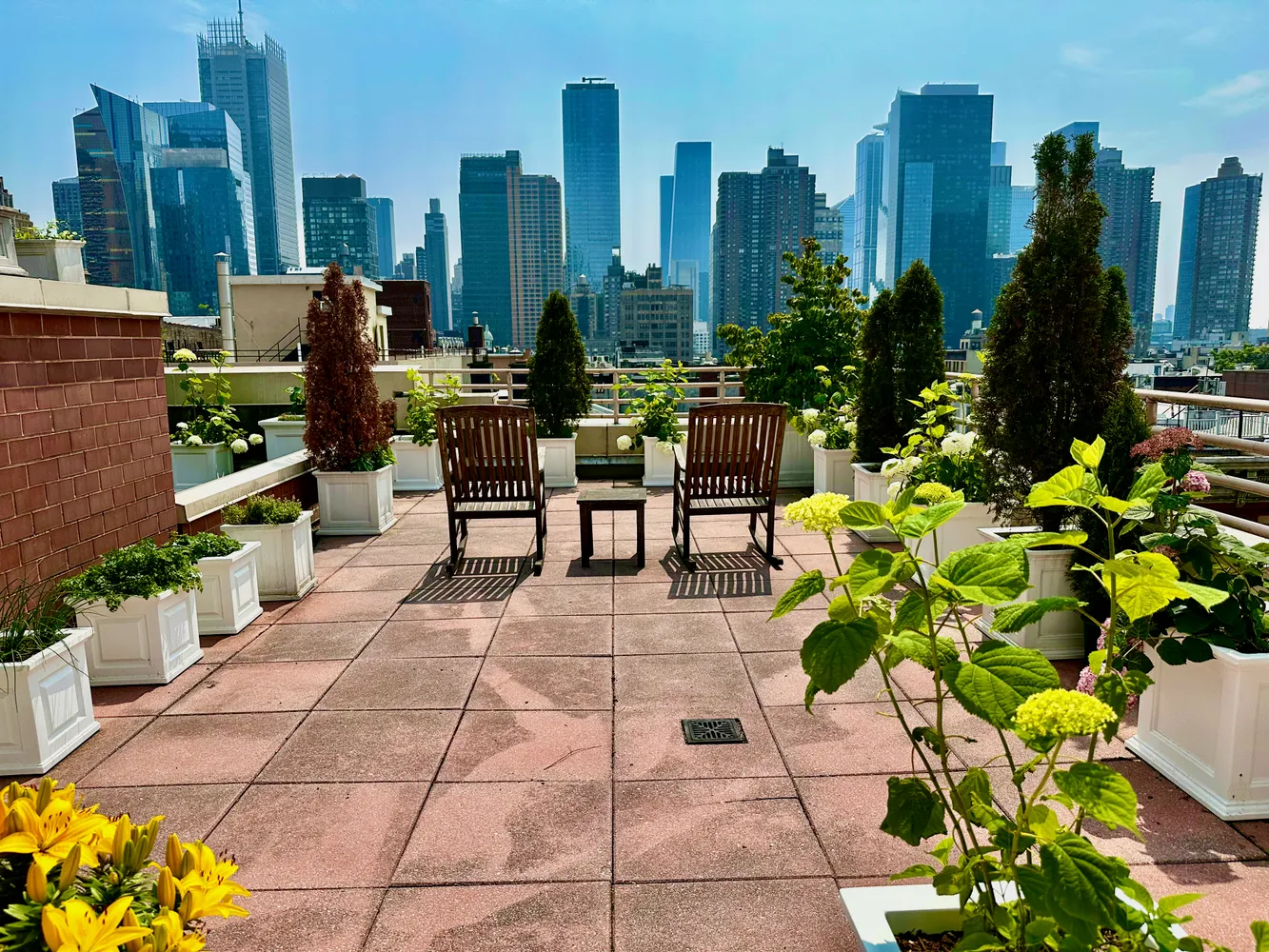 a view of a patio with plants and chairs