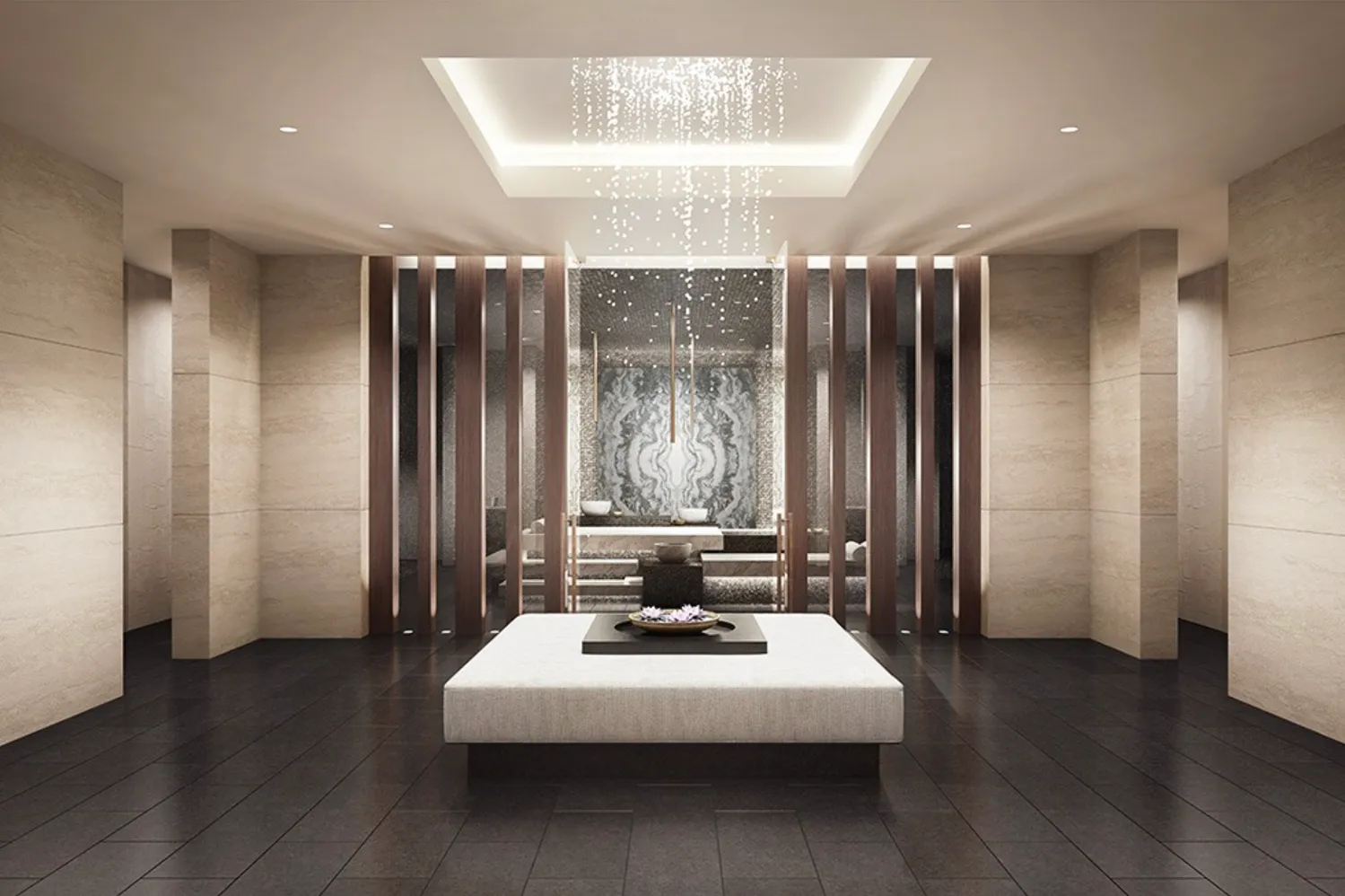 a living room with furniture and large windows