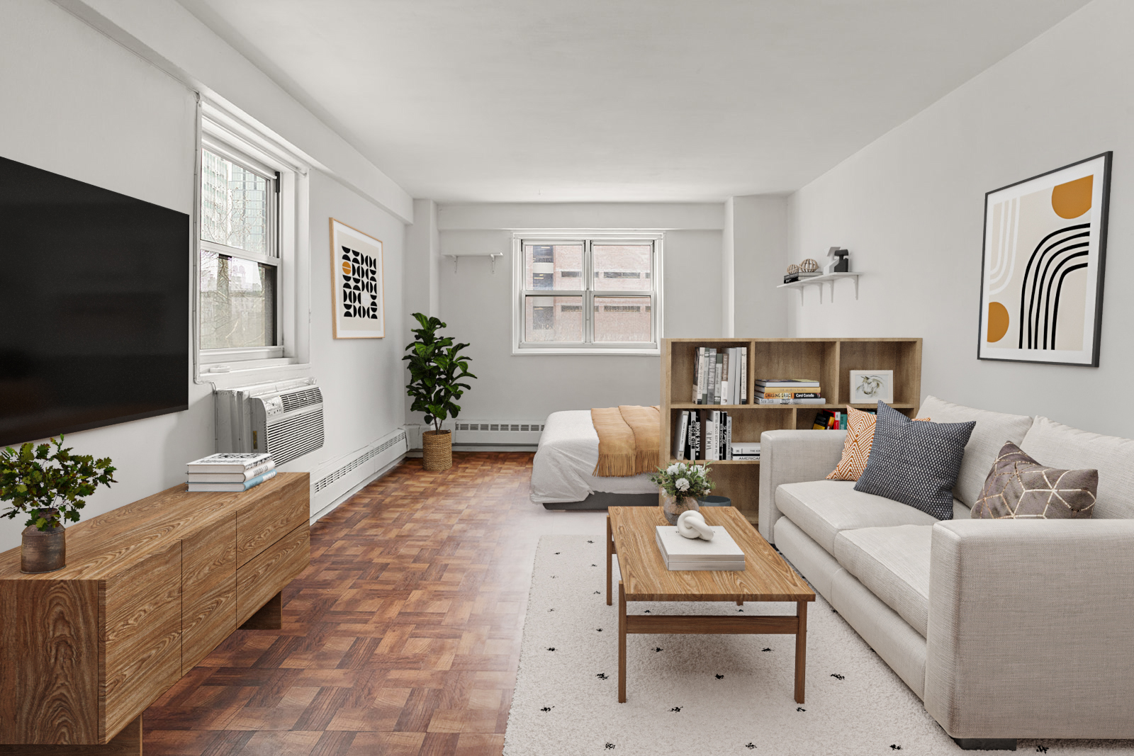175 Willoughby Street, Unit 6F Brooklyn, NY 11201 - Photo 1 of 11 a living room with furniture a flat screen tv and a window