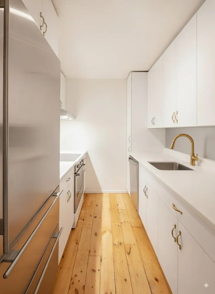 a spacious bathroom with a sink and mirror