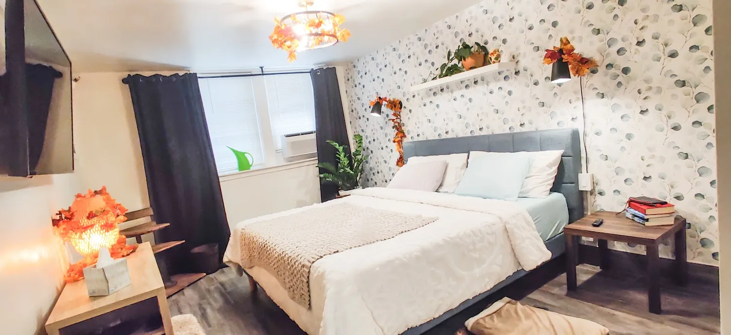 a kitchen with a stove and a microwave