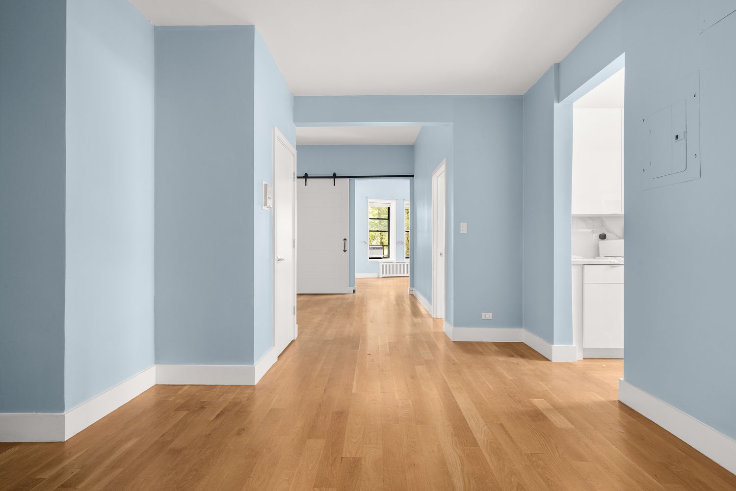 a view of a hallway with wooden floor