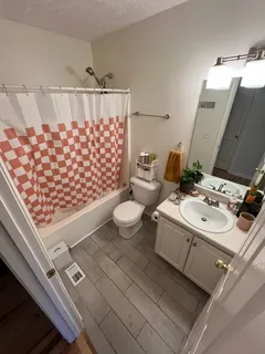 a bathroom with a sink toilet and shower